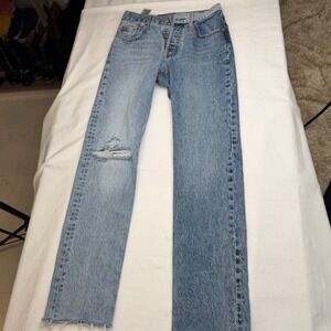 Levi's Premium Wedgie Straight Jeans Light Wash Distressed Knee Raw Hem – Sz 23